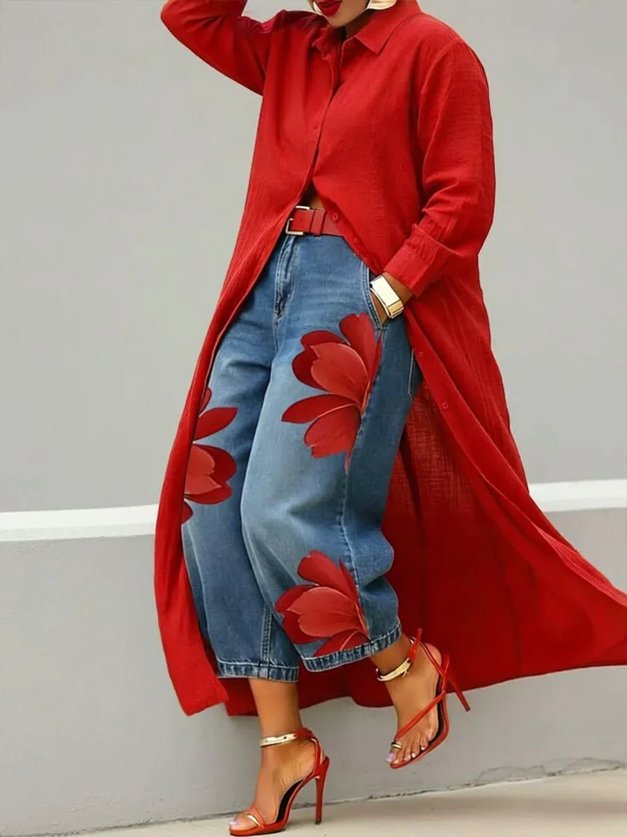 Conjunto Fiamma: Vestido Camisero y Vaqueros Florales