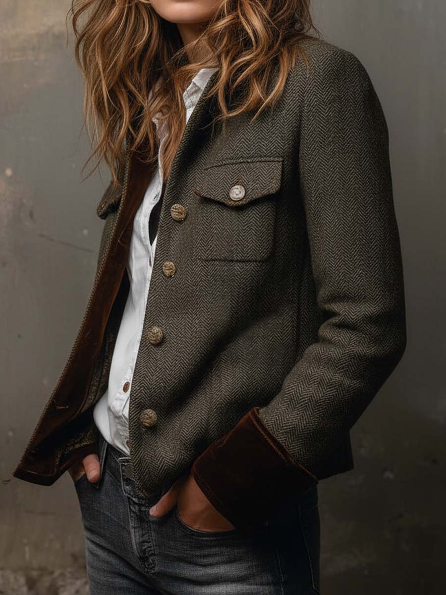 Honorine | Blazer Vintage Chevron con Ribete Contraste