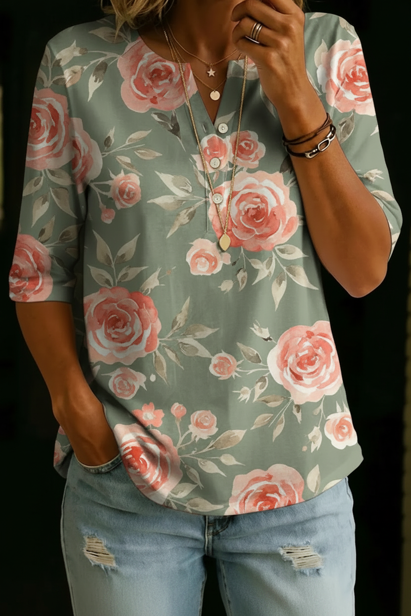 Audrey | Top Henley Floral de Estilo Vintage