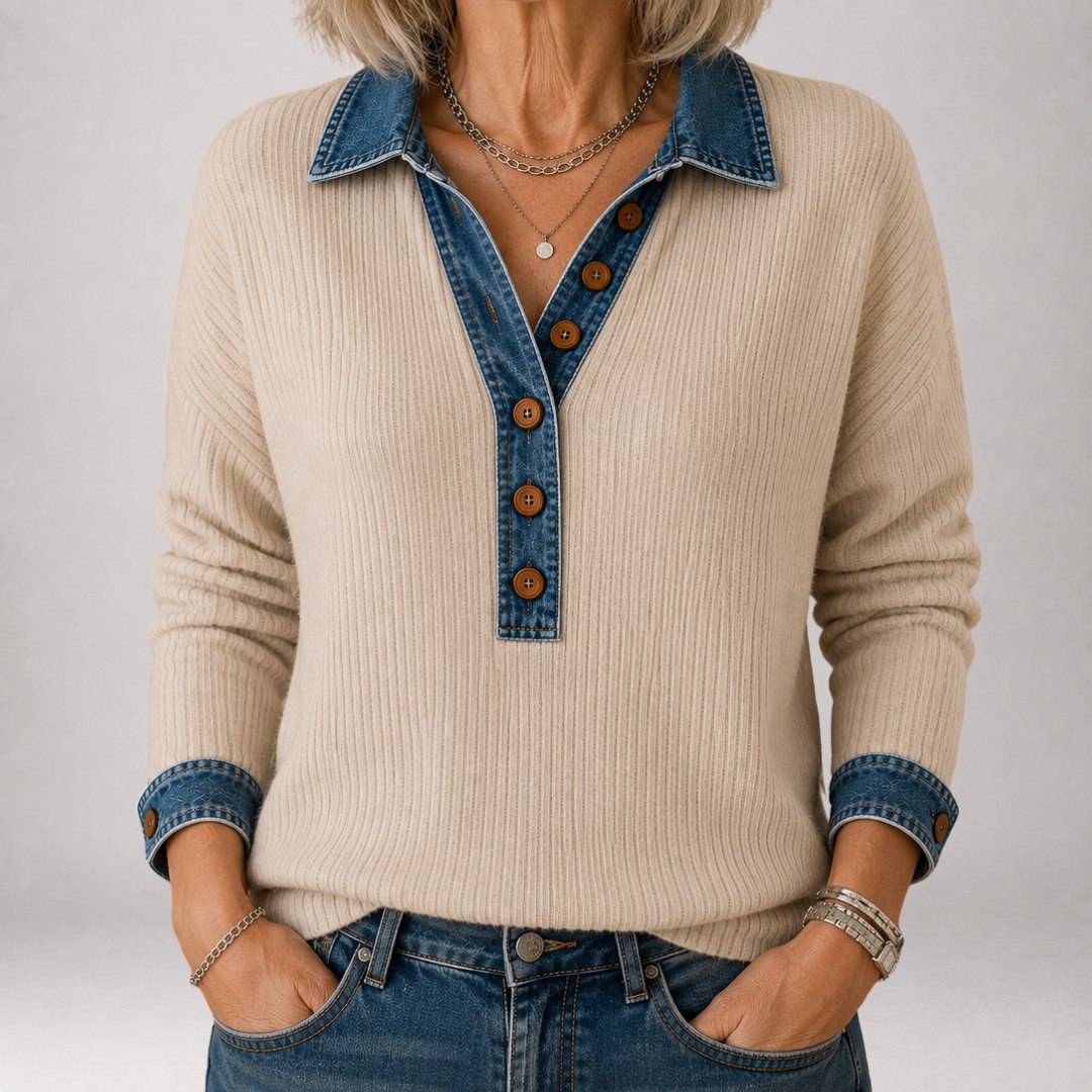 Clarisse™ | Jersey Polo Canalé con Cuello Vaquero