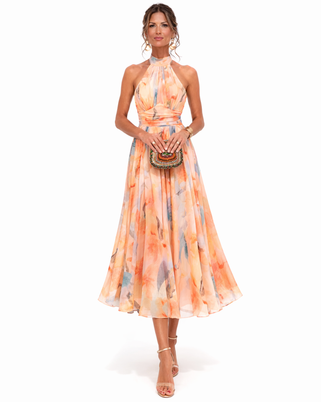 Iselle | Vestido Aurora Cuello Halter Estampado Acuarela