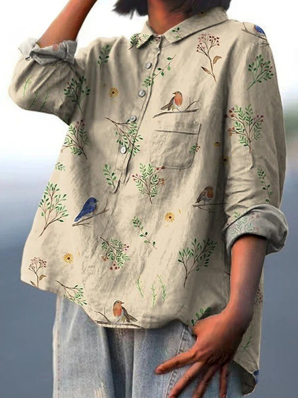 Alice | Camisa Casual para Mujer Estampado de Ramas y Petirrojos