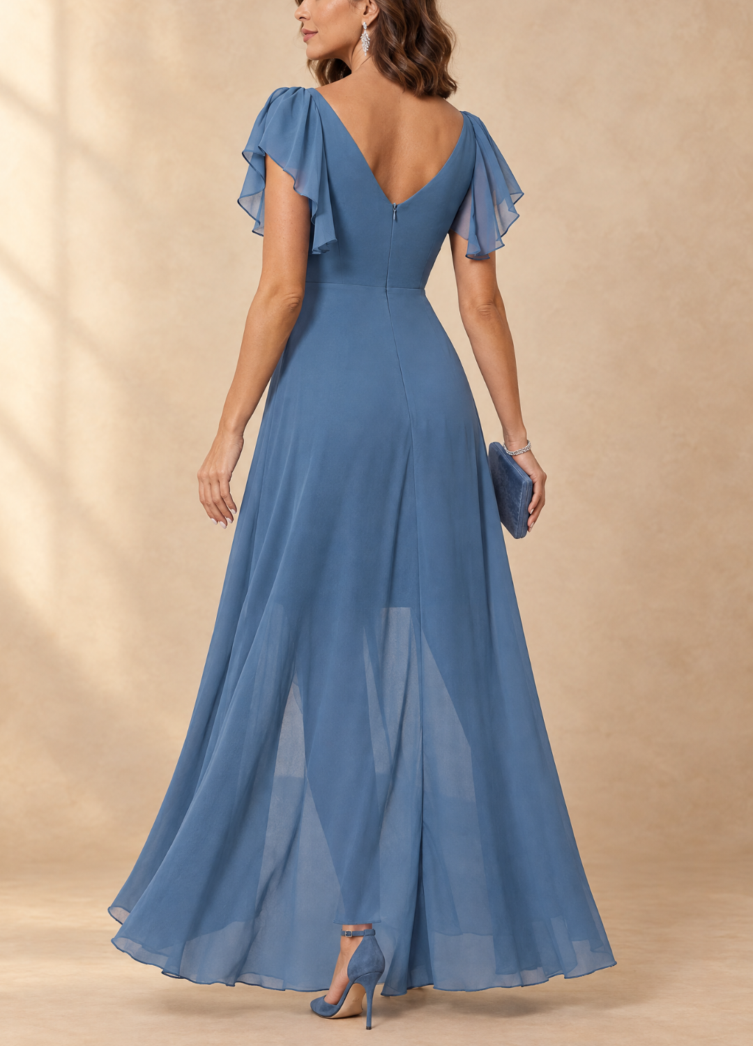 Denise Vestido Maxi de Gasa Asimétrico con Mangas Volantes