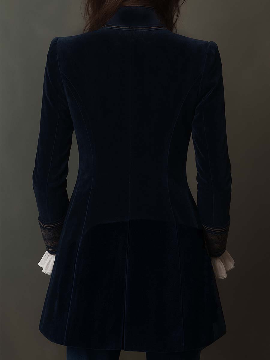 Athénaïs | Chaqueta Larga Azul Marino Bordada Vintage