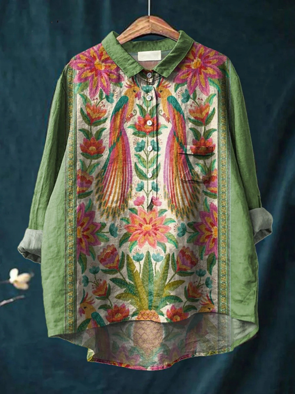 Arabella | Camisa Casual Estampado Floral Vintage y Pájaros