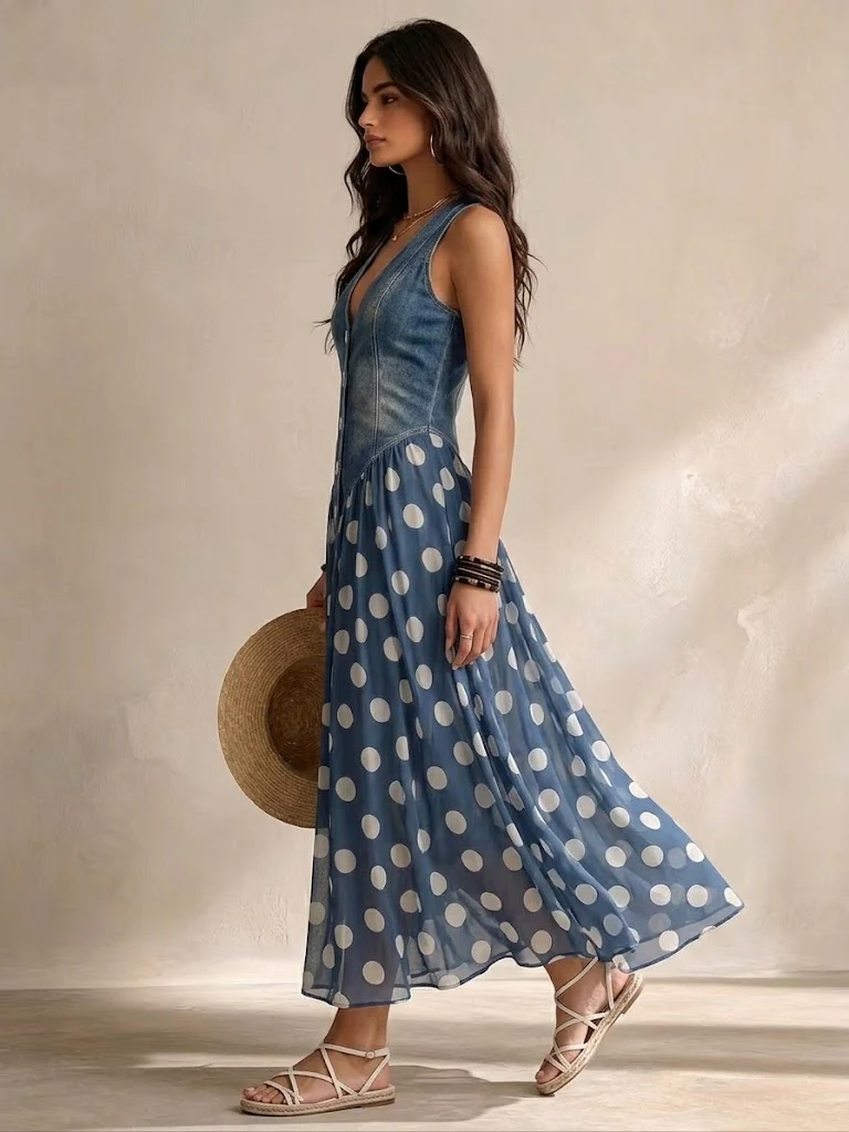 Brenda | Vestido de Top Denim y Falda de Chifón de Topos
