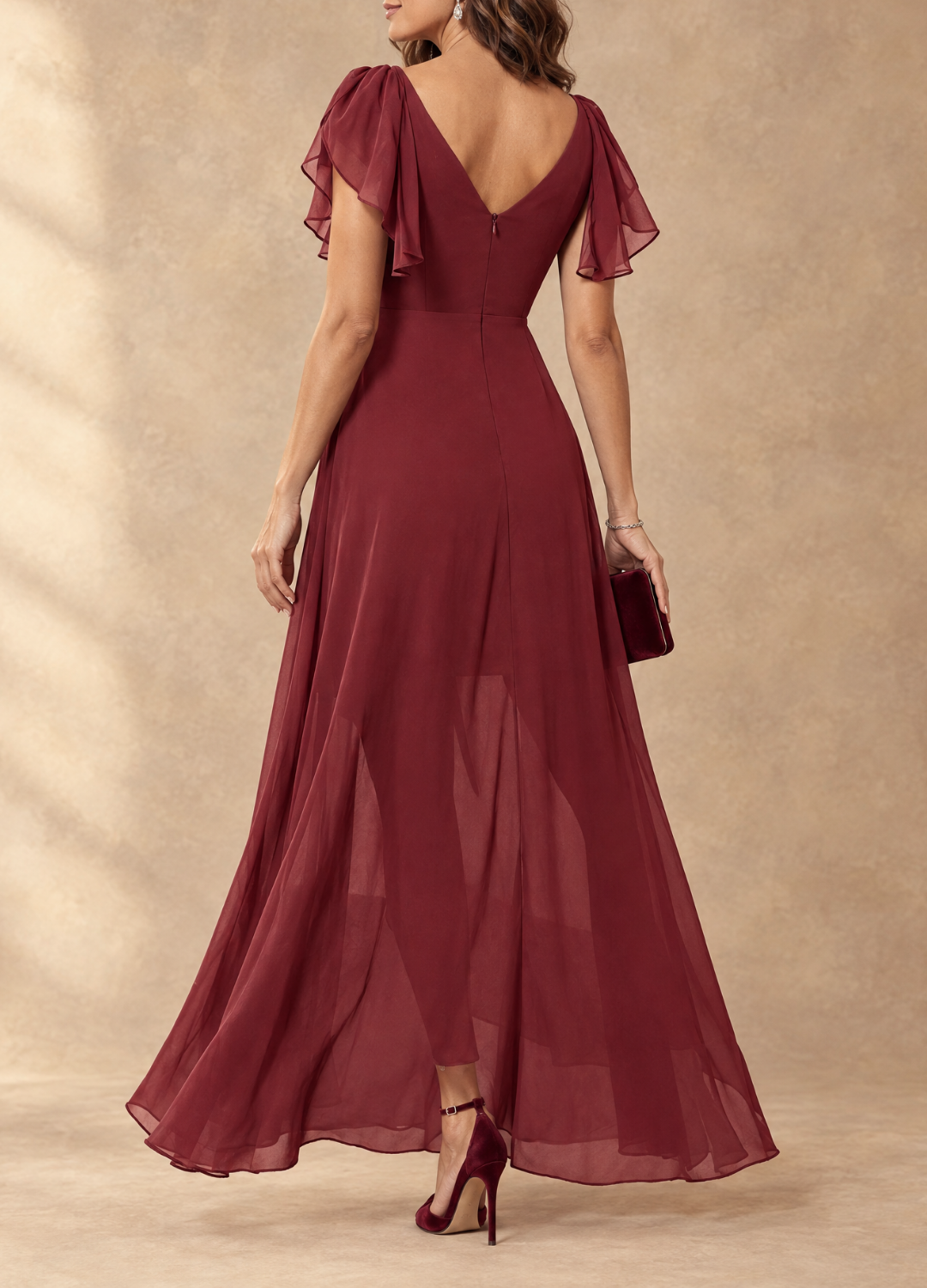 Denise Vestido Maxi de Gasa Asimétrico con Mangas Volantes