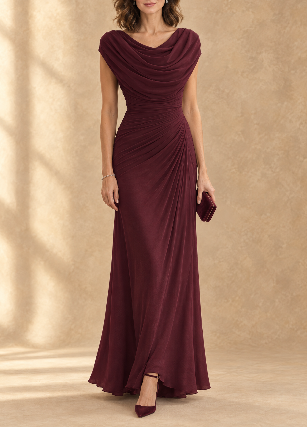 Cynthia Vestido Maxi de Malla Drapeado con Cuello Cowl