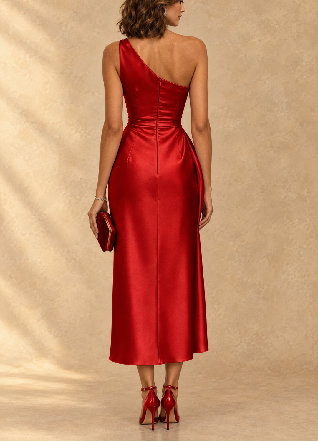 Diane Vestido Midi de Satén Asimétrico Fruncido