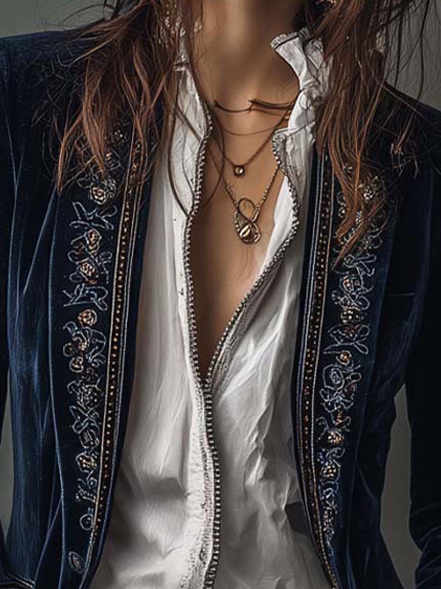 Athénaïs | Chaqueta Larga Azul Marino Bordada Vintage
