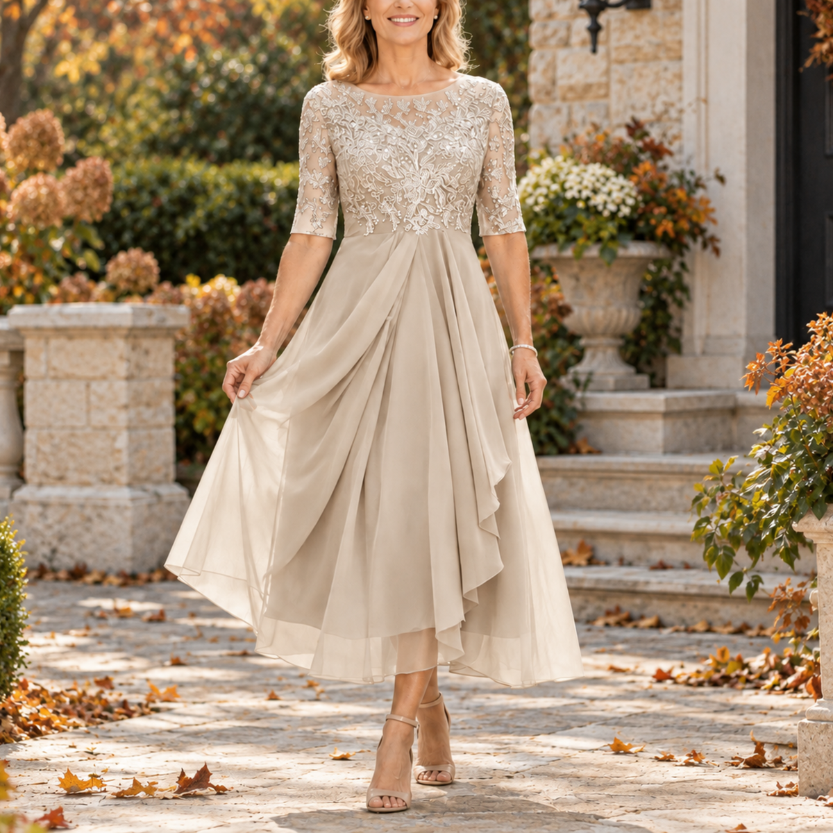 Brianna | Vestido Midi de Encaje Drapeado en Dorado Champán