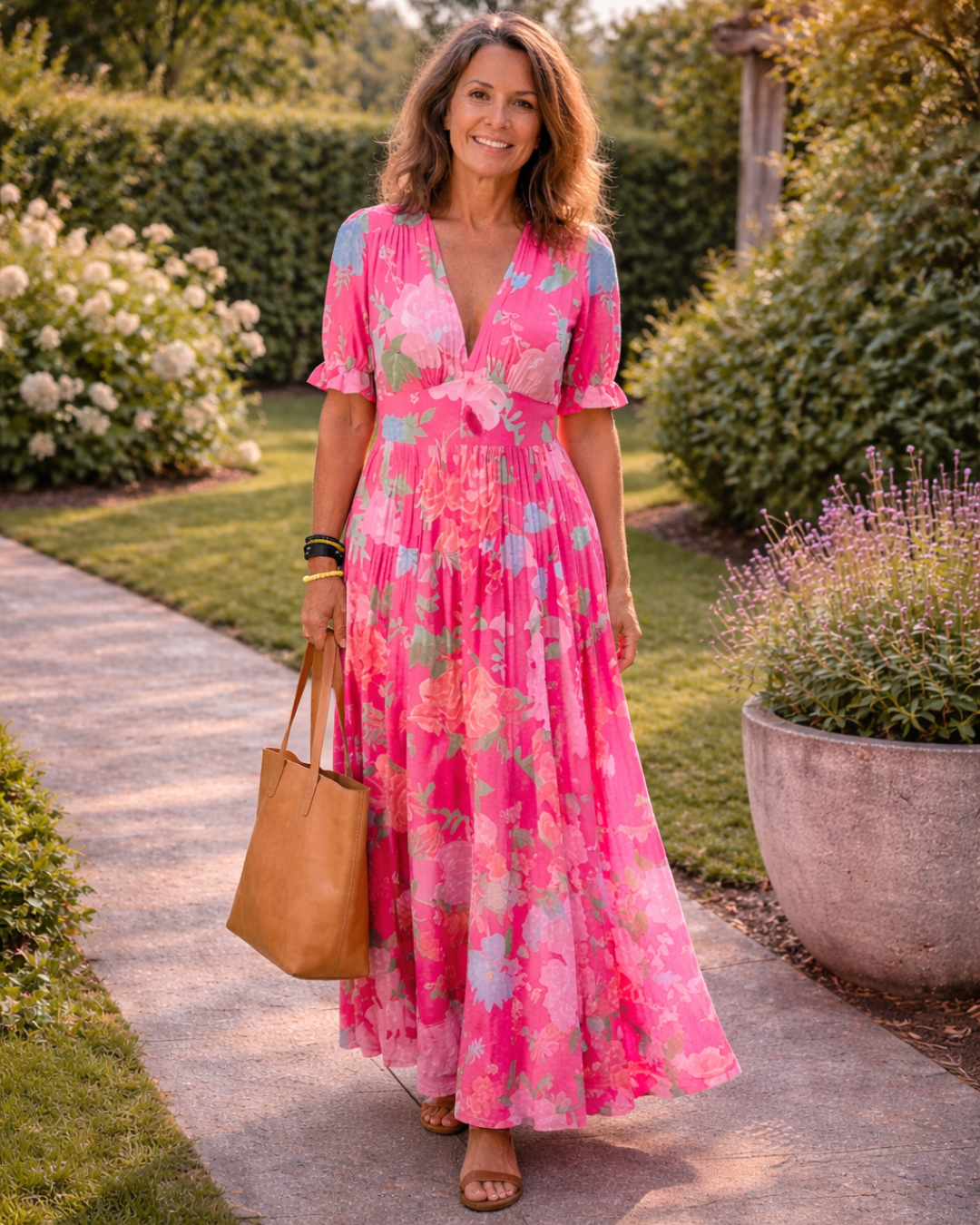 Ione | Vestido Midi Floral Cuello de Pico y Manga Corta