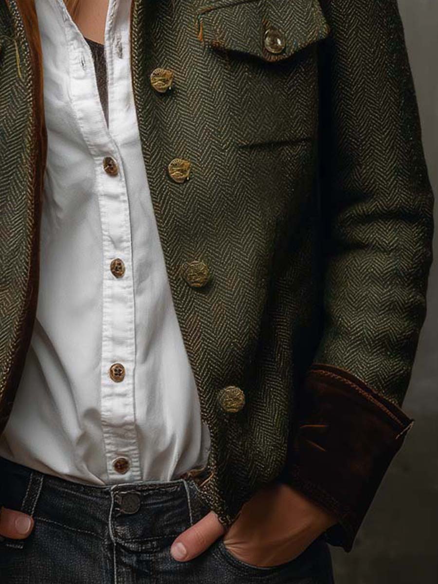 Honorine | Blazer Vintage Chevron con Ribete Contraste