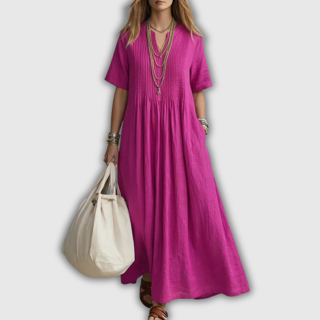Elowen Vestido Maxi de Lino con Pliegues y Escote en V