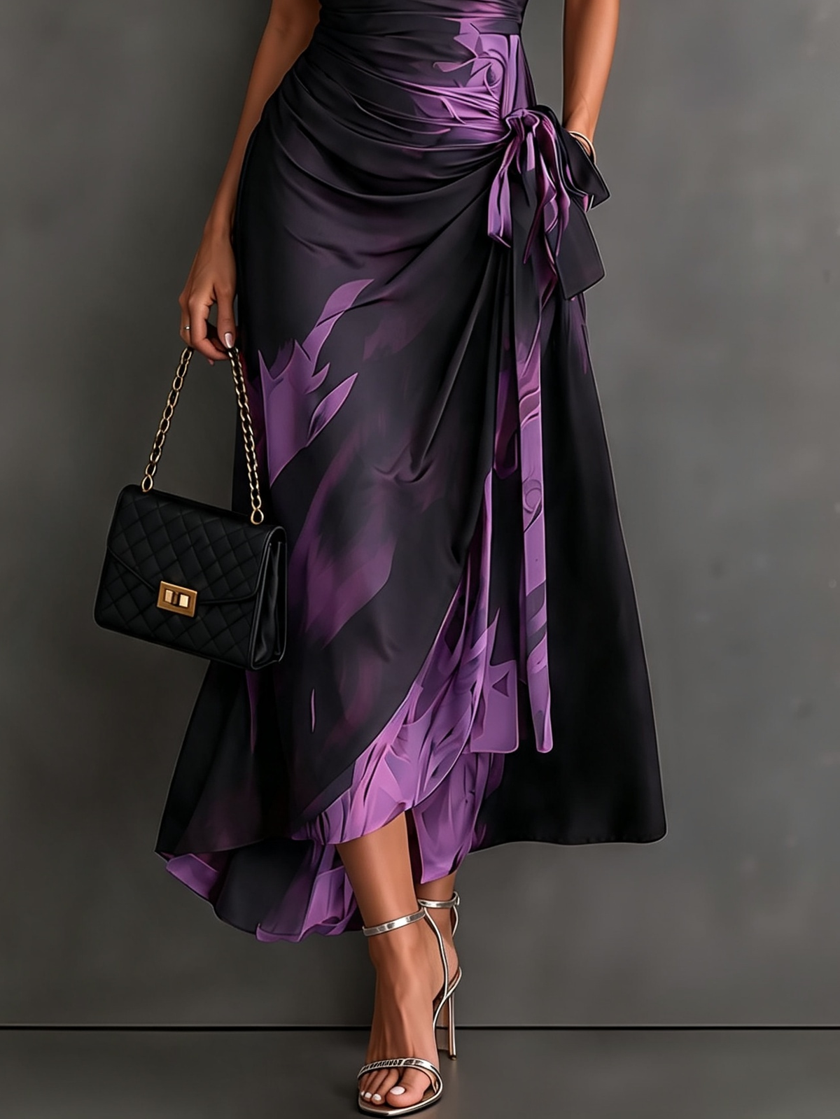 Annika Vestido Midi Cruzado Estampado Acuarela Morado