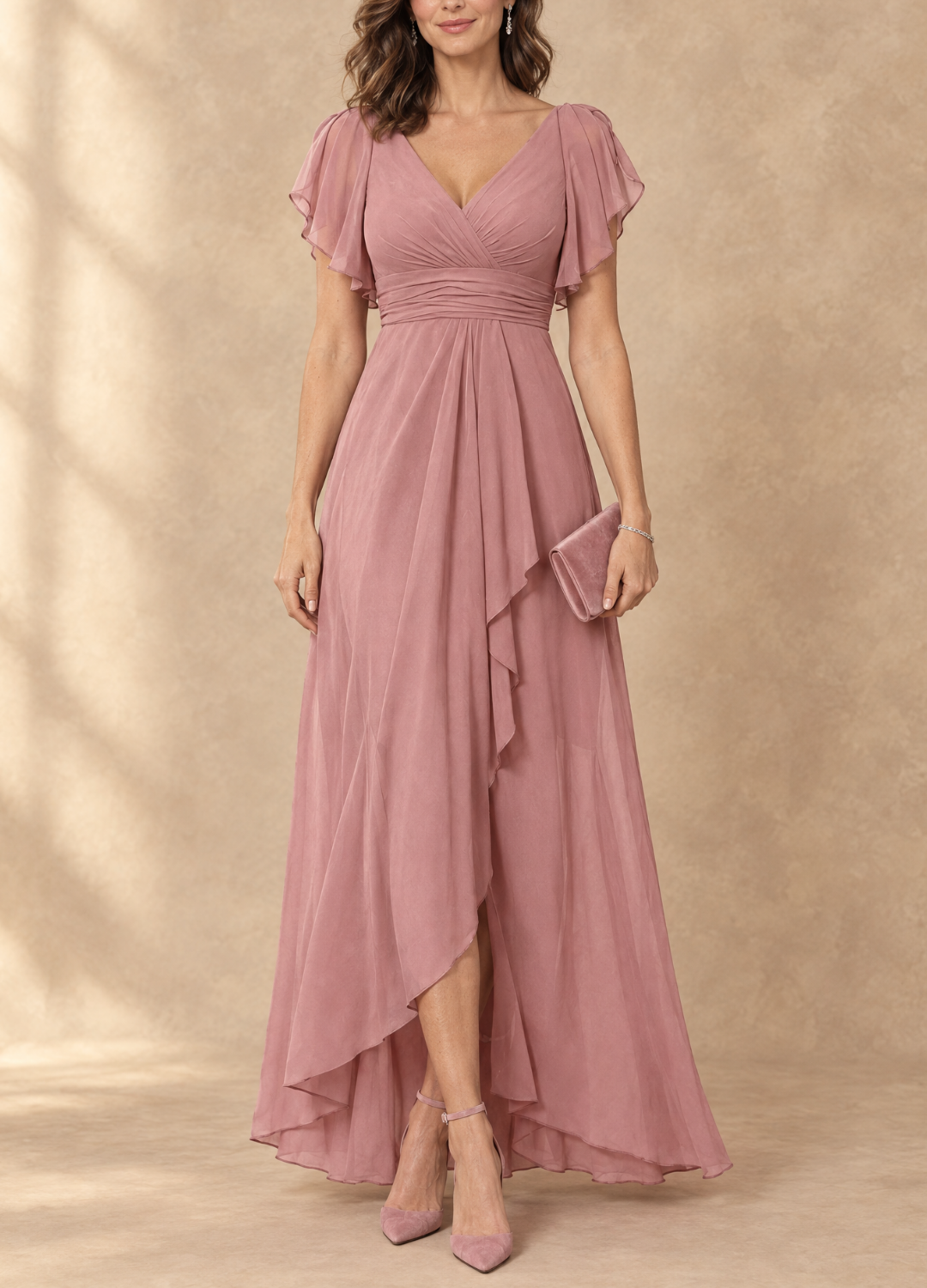 Denise Vestido Maxi de Gasa Asimétrico con Mangas Volantes