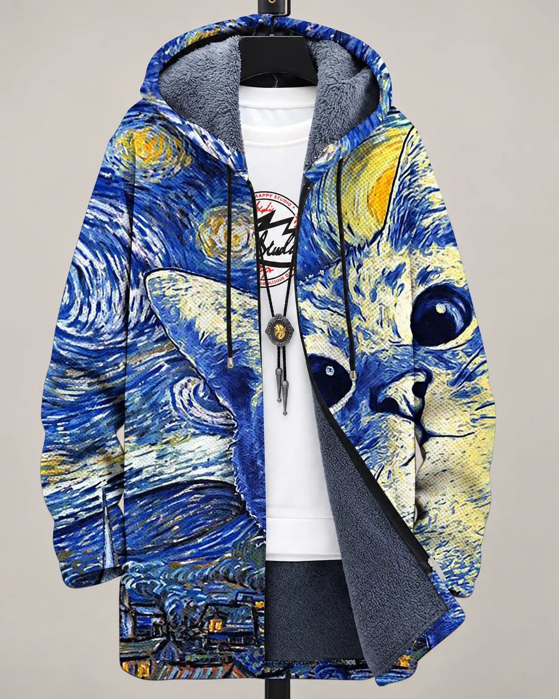 Eliana Chaqueta con Capucha Estampado de Gatos y Cielo Estrellado