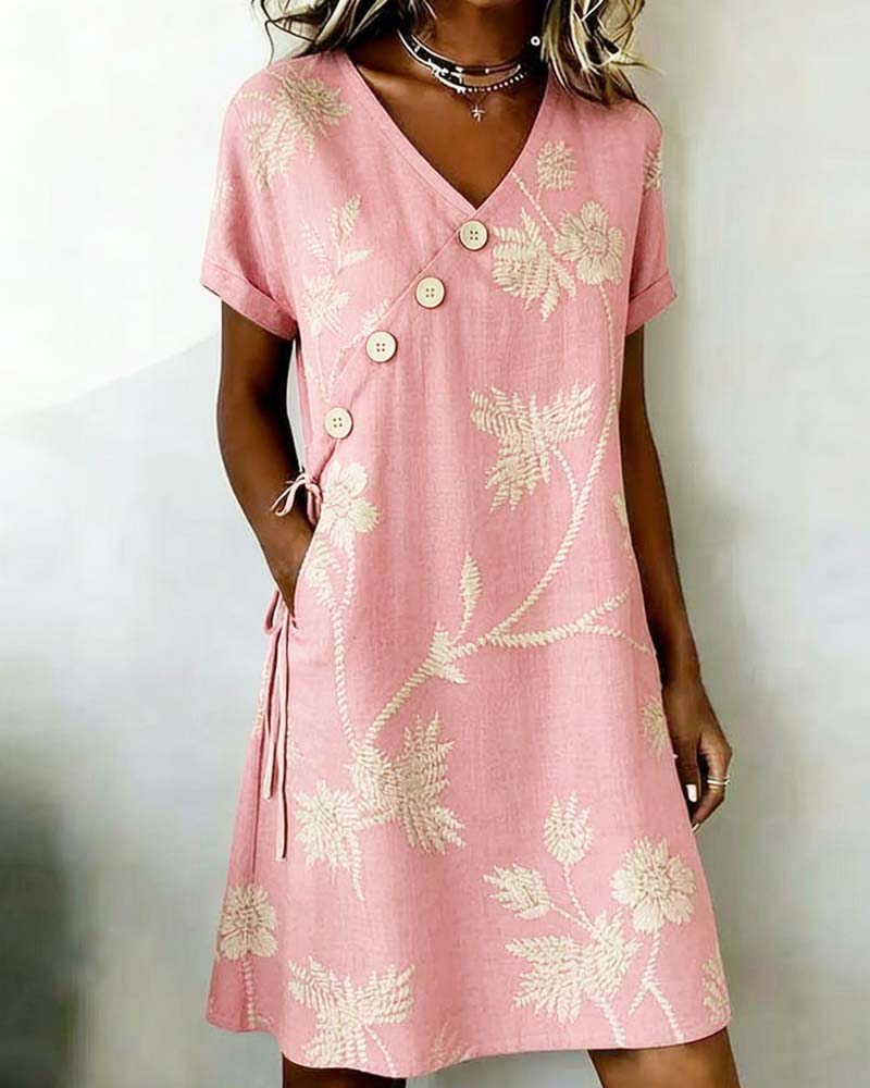 Vestido Mini Estampado con Botonadura Diagonal y Cuello en V