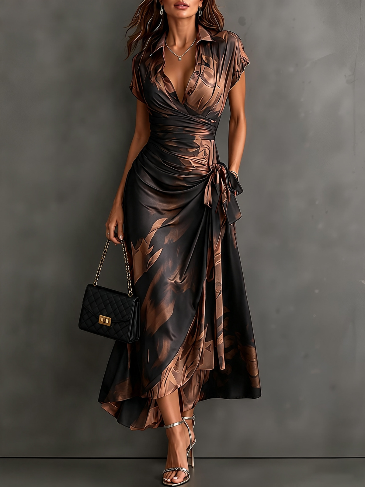 Vestido Midi Francesca Cruzado en Estampado Abstracto Marrón