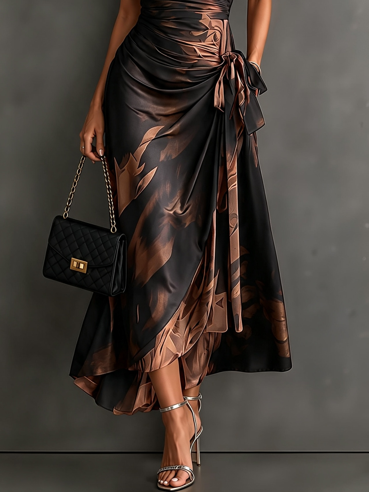 Vestido Midi Francesca Cruzado en Estampado Abstracto Marrón