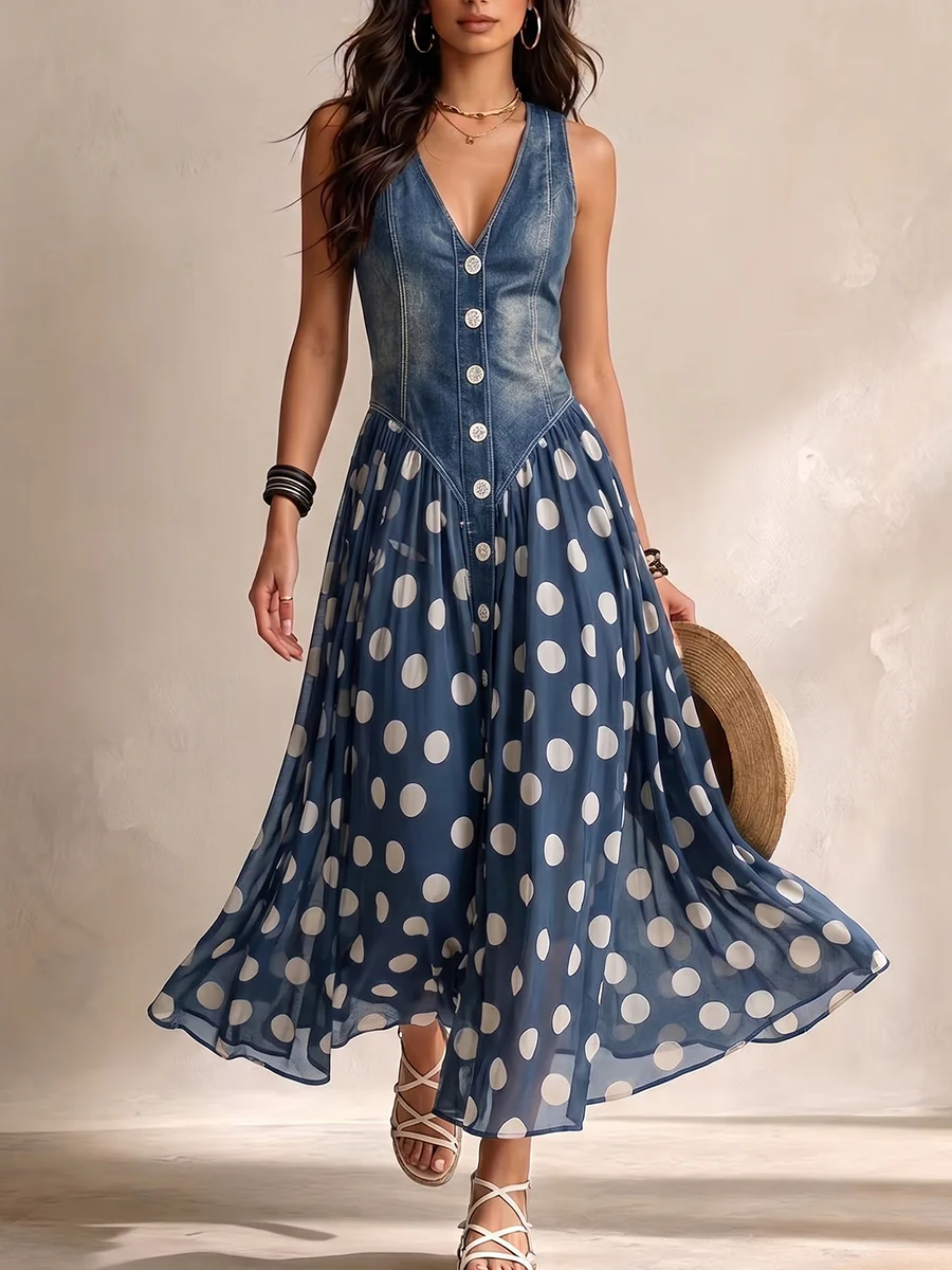 Brenda | Vestido de Top Denim y Falda de Chifón de Topos