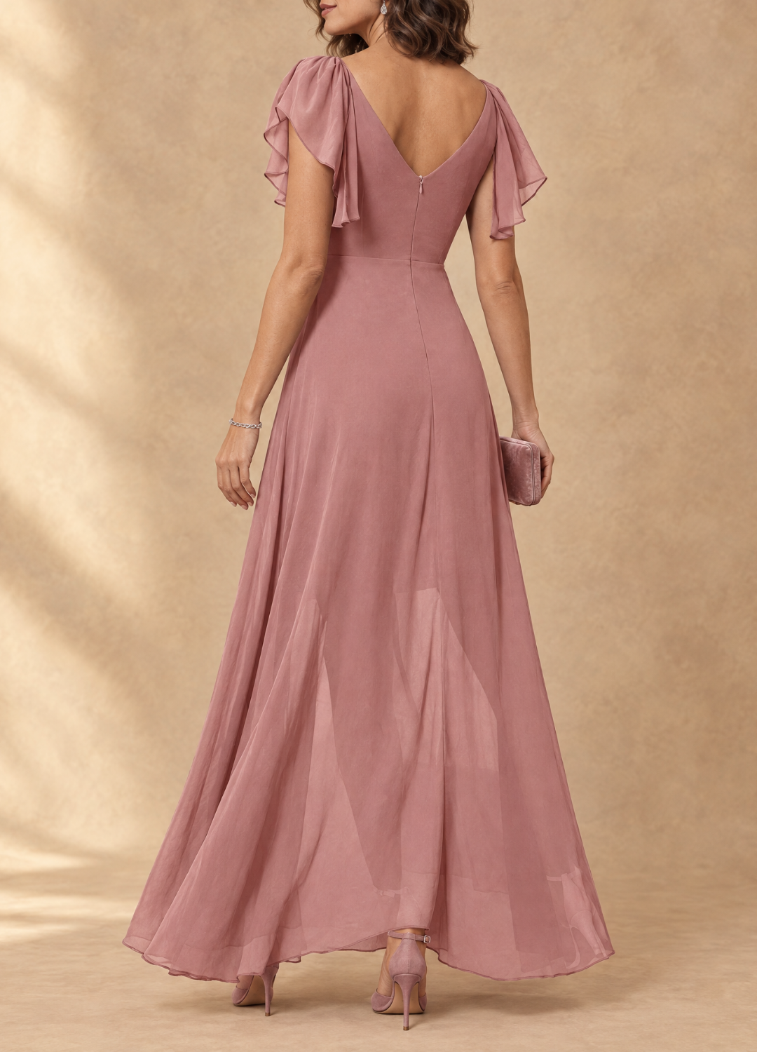 Denise Vestido Maxi de Gasa Asimétrico con Mangas Volantes