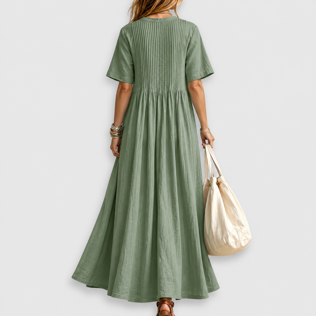 Elowen Vestido Maxi de Lino con Pliegues y Escote en V