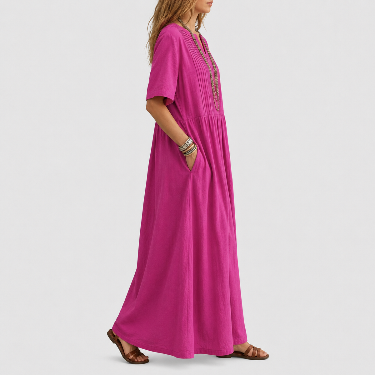 Elowen Vestido Maxi de Lino con Pliegues y Escote en V