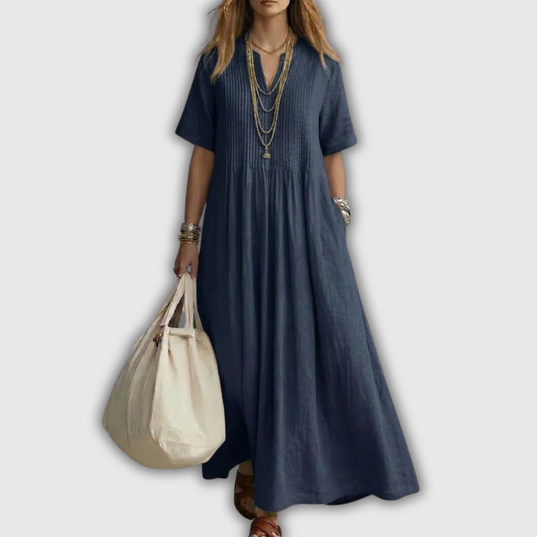 Elowen Vestido Maxi de Lino con Pliegues y Escote en V