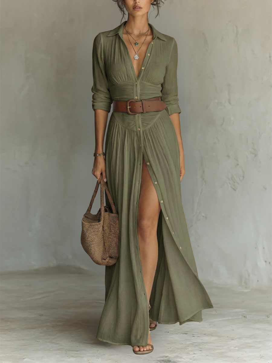 ESSENTIAL - Vestido Maxi Largo con Cuello Solapa y Manga Larga para Mujer