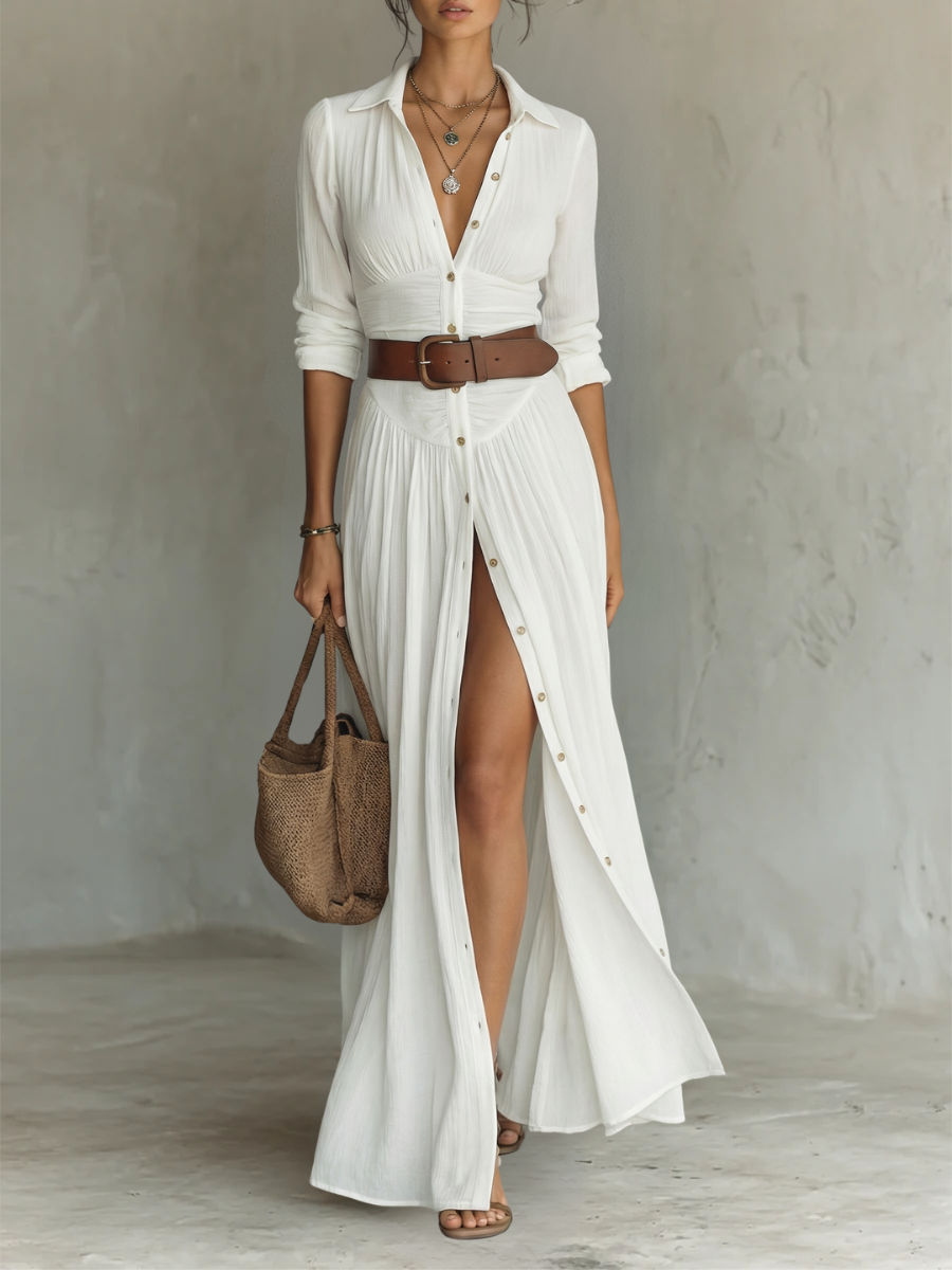ESSENTIAL - Vestido Maxi Largo con Cuello Solapa y Manga Larga para Mujer
