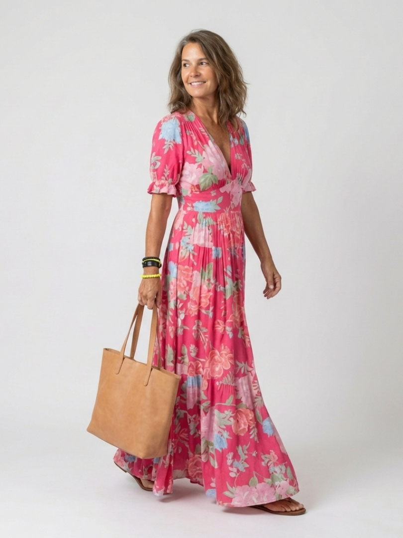 Ione | Vestido Midi Floral Cuello de Pico y Manga Corta
