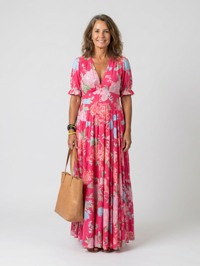 Ione | Vestido Midi Floral Cuello de Pico y Manga Corta