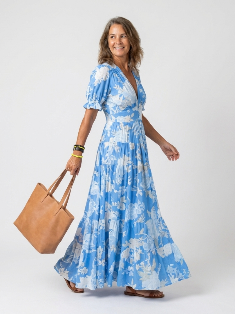 Ione | Vestido Midi Floral Cuello de Pico y Manga Corta