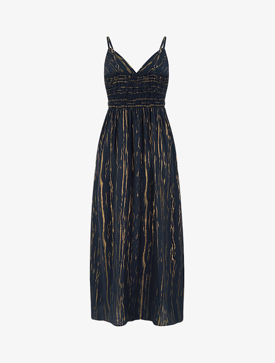 Aurora – Vestido Maxi Tacto Irisado con Talle Imperio