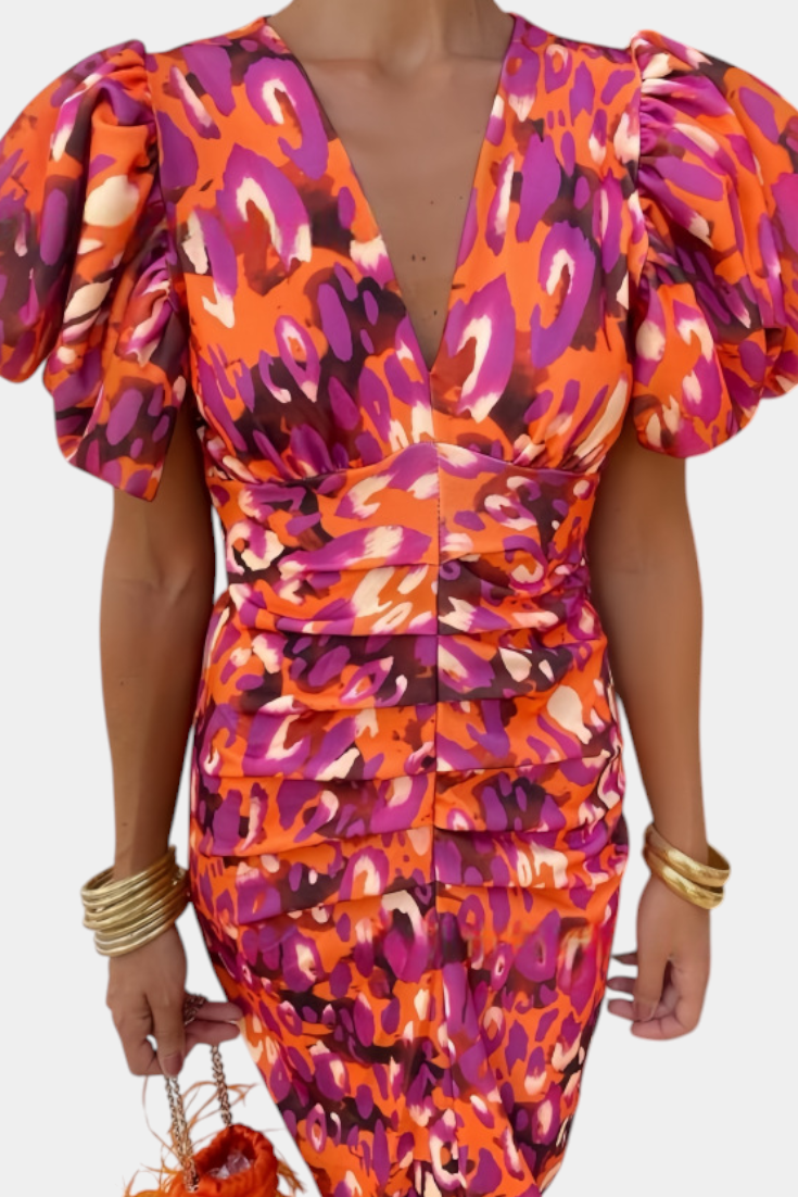 Carla Vestido Midi Estampado con Mangas Abullonadas