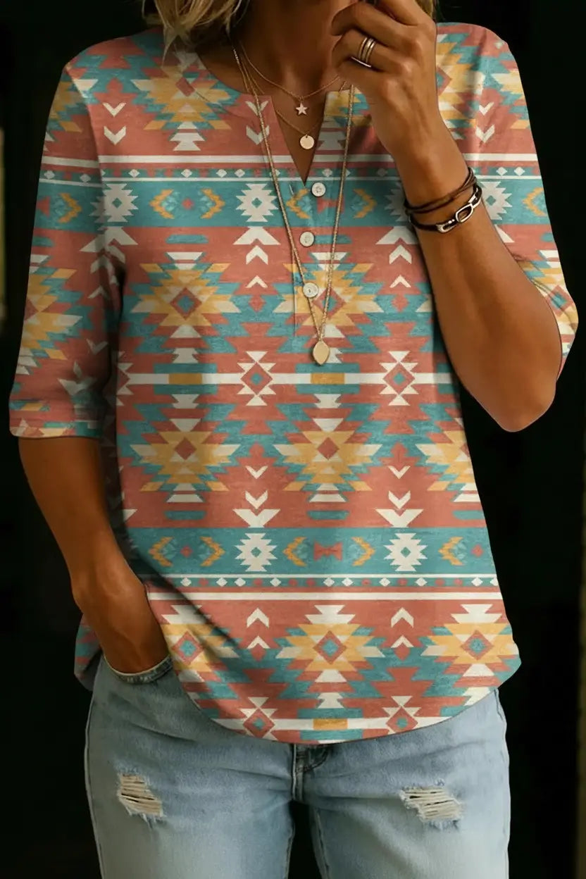 Anna | Top Henley Estampado Geométrico Azteca