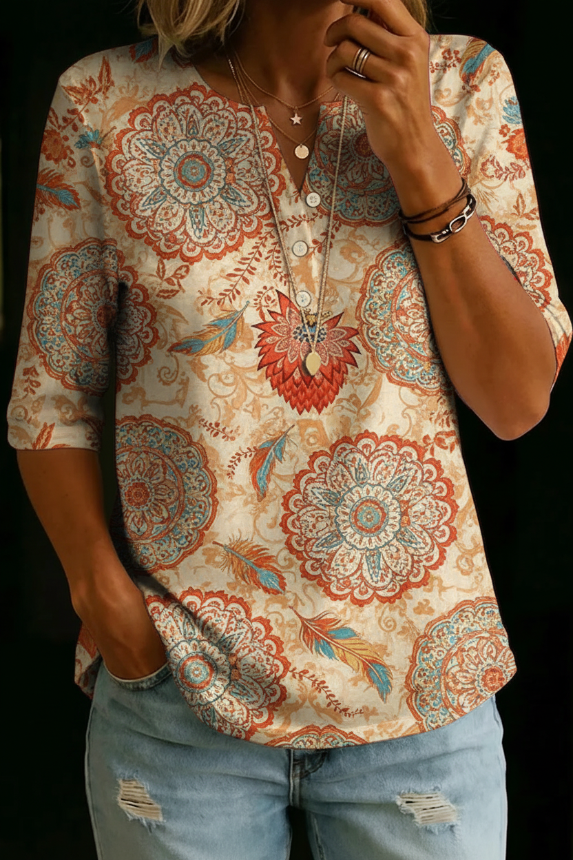 Everly | Top Henley con Medallón Boho Beige