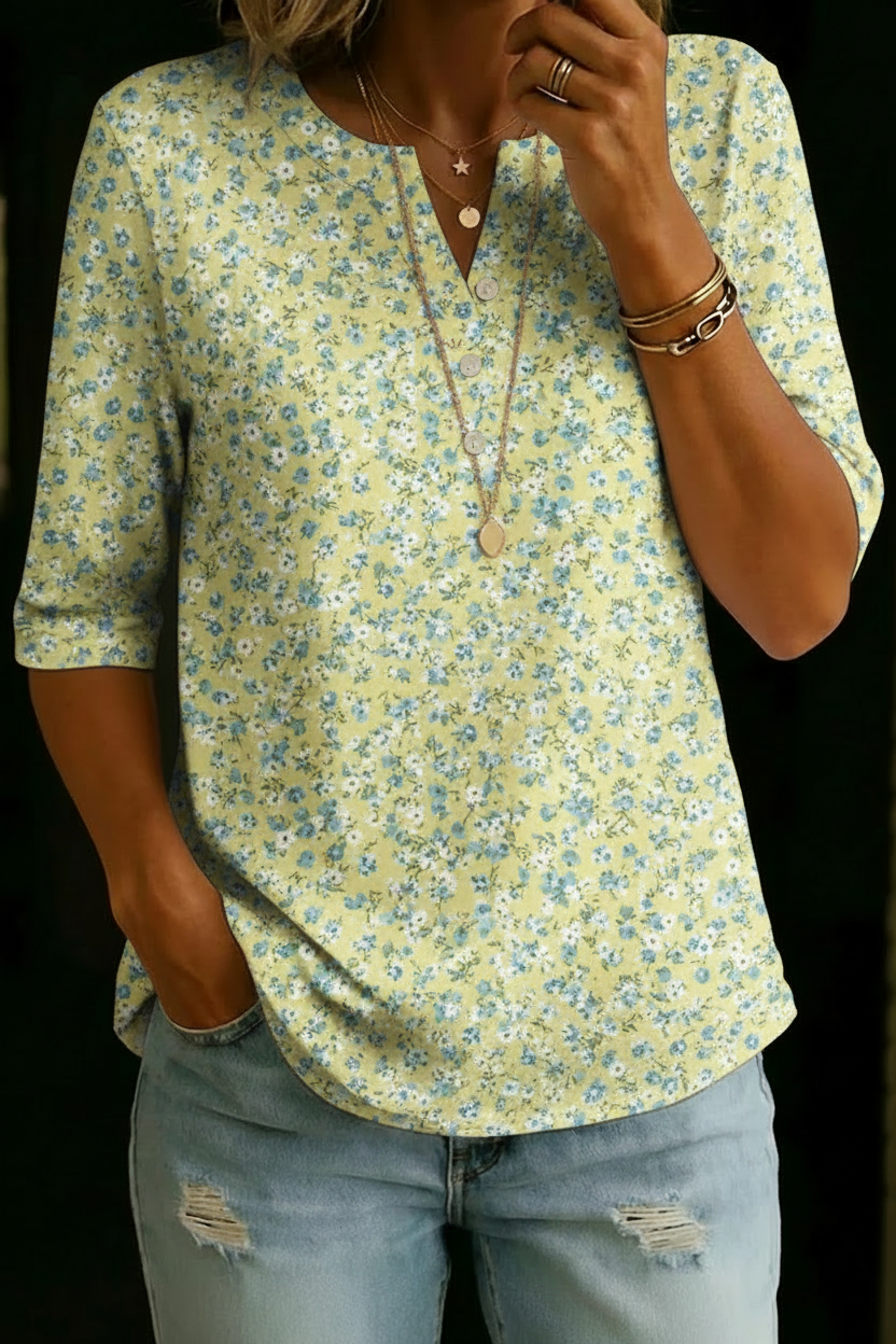 Eva | Top Henley Floral Amarillo y Azul