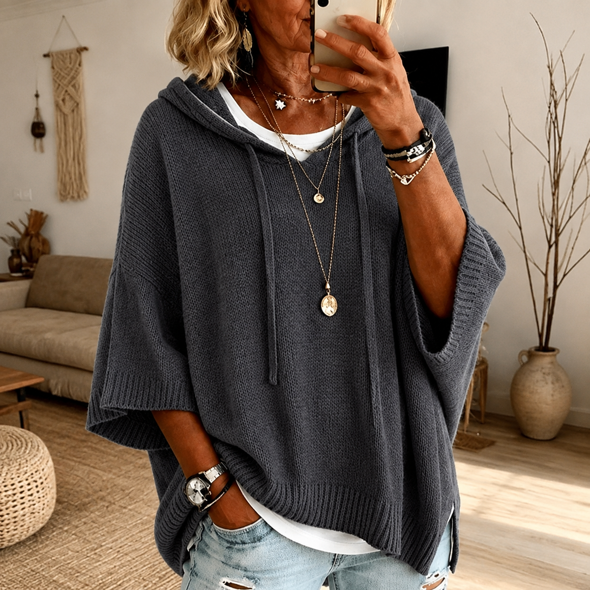 Camille Suéter Poncho con Capucha – Gris Antracita