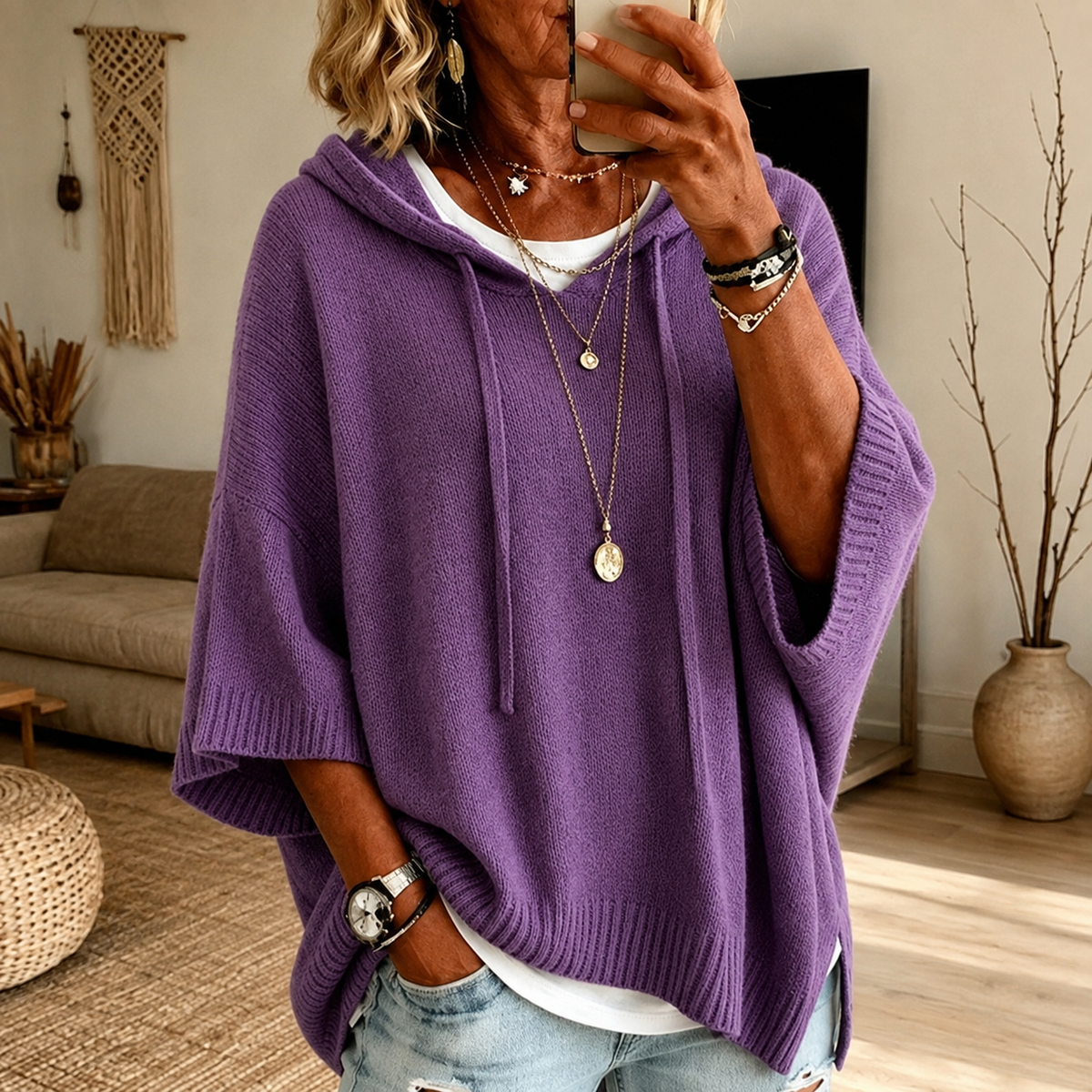 Elodie Jersey Poncho con Capucha – Morado