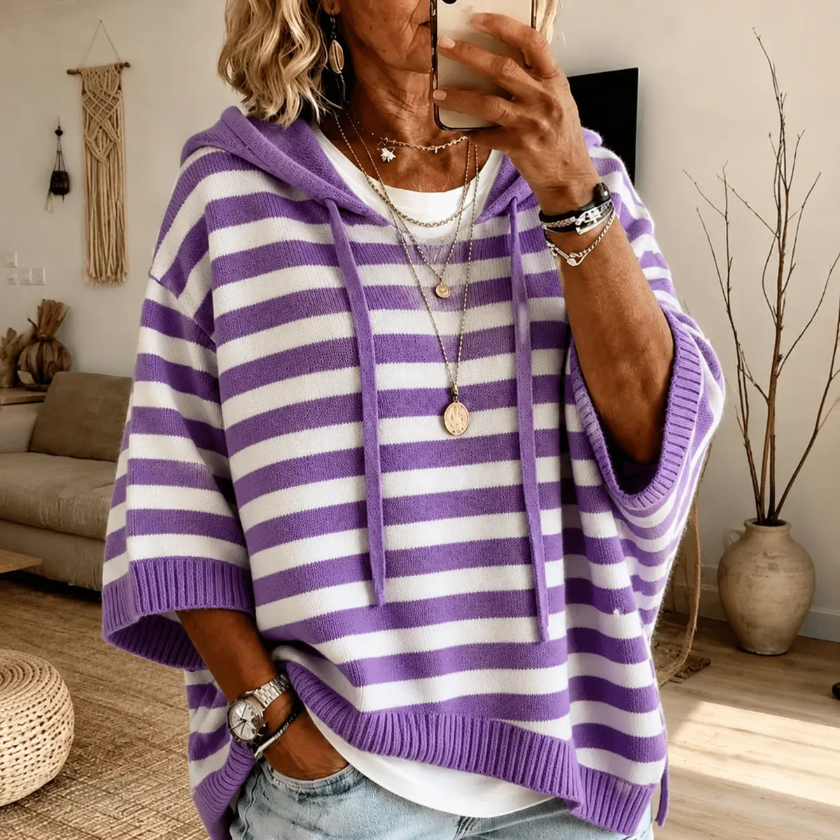 Anais Sudadera Poncho con Capucha de Rayas – Morado
