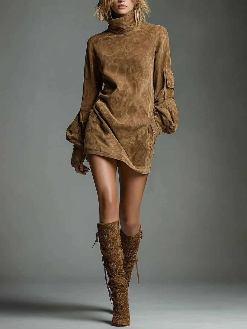 Bria | Vestido Mini Oversize de Ante con Cuello Alto