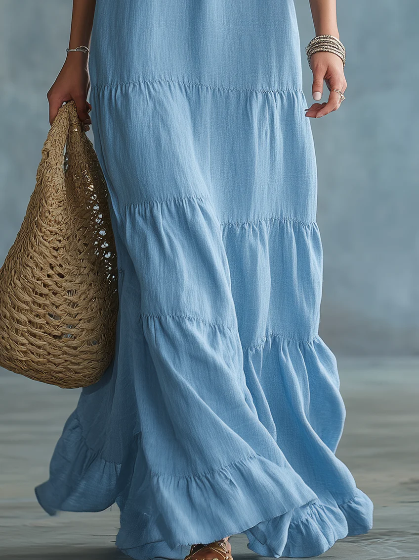 Anita | Vestido Maxi Boho Azul Cielo con Escote en V y Volantes