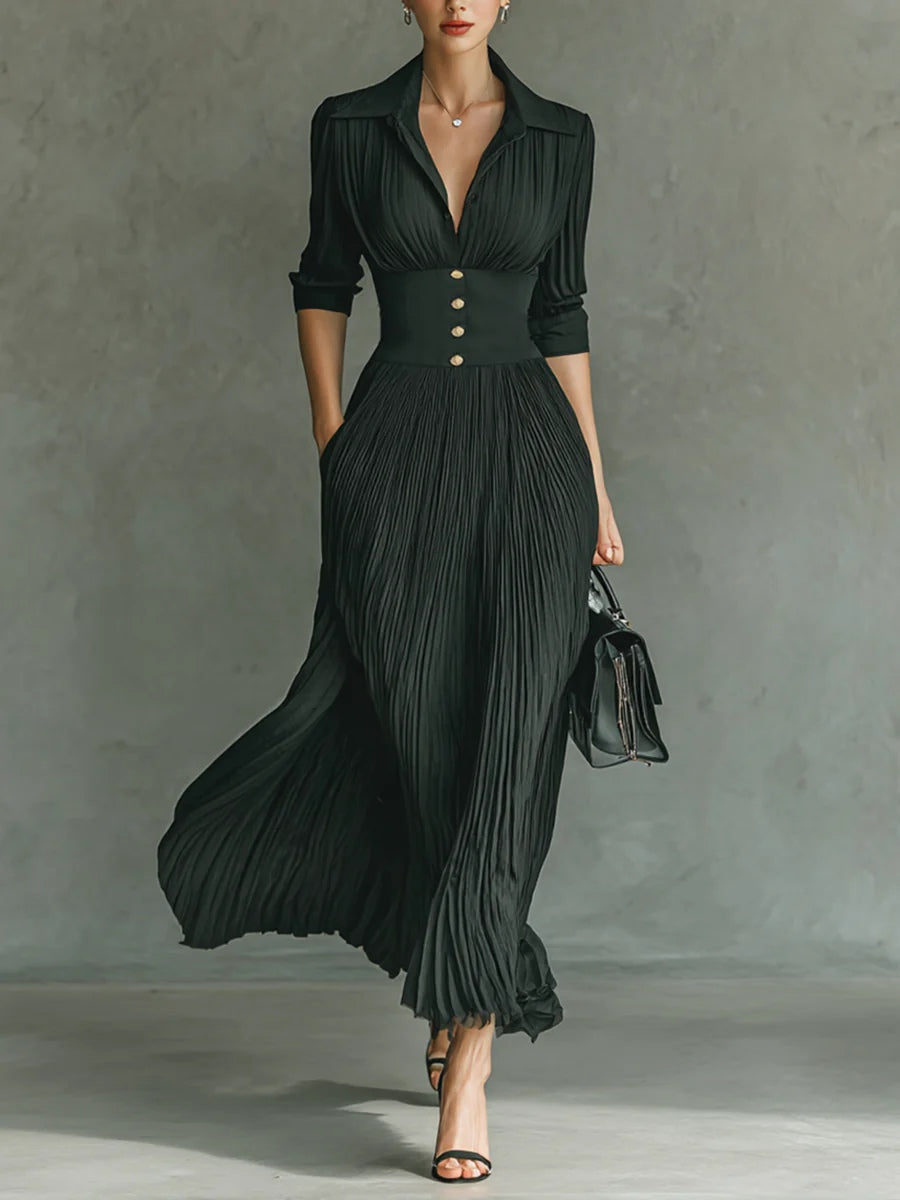 Elvira Vestido Largo Plisado con Cuello Solapa