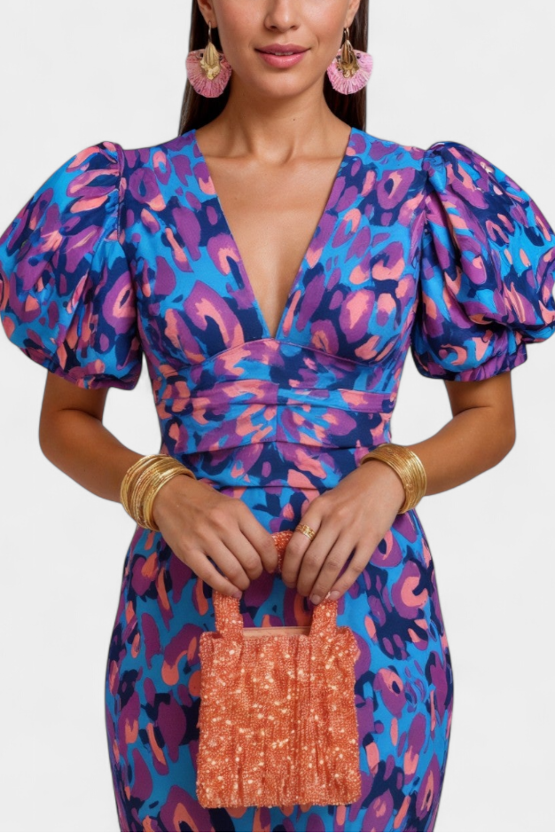Carla Vestido Midi Estampado con Mangas Abullonadas