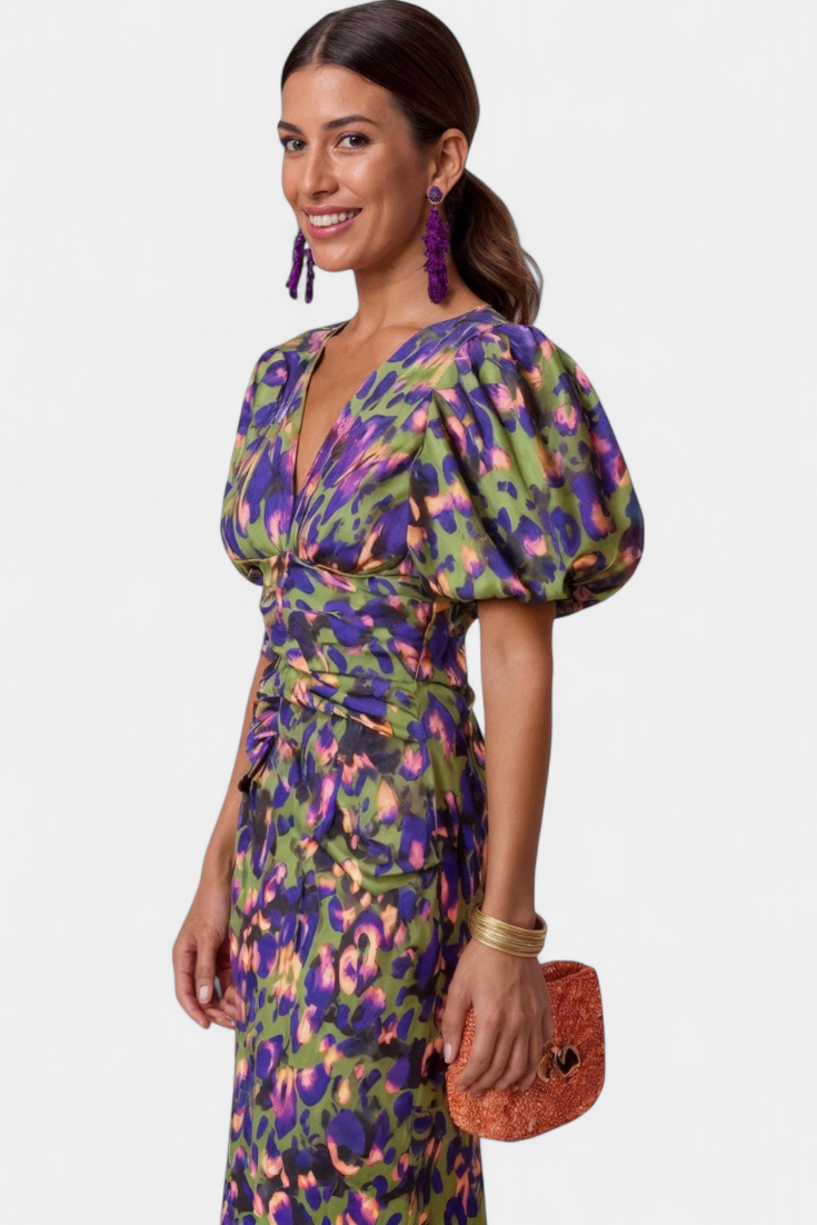 Carla Vestido Midi Estampado con Mangas Abullonadas