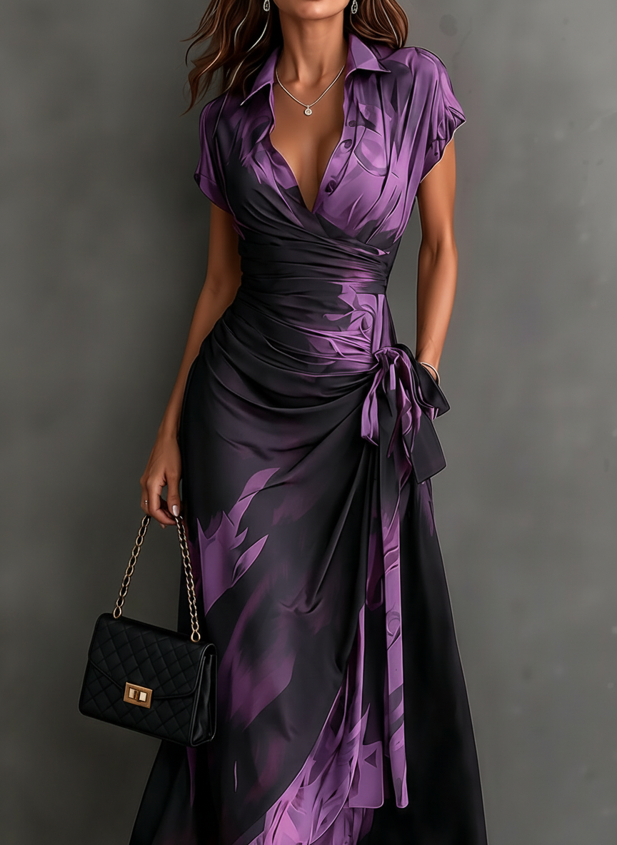 Annika Vestido Midi Cruzado Estampado Acuarela Morado