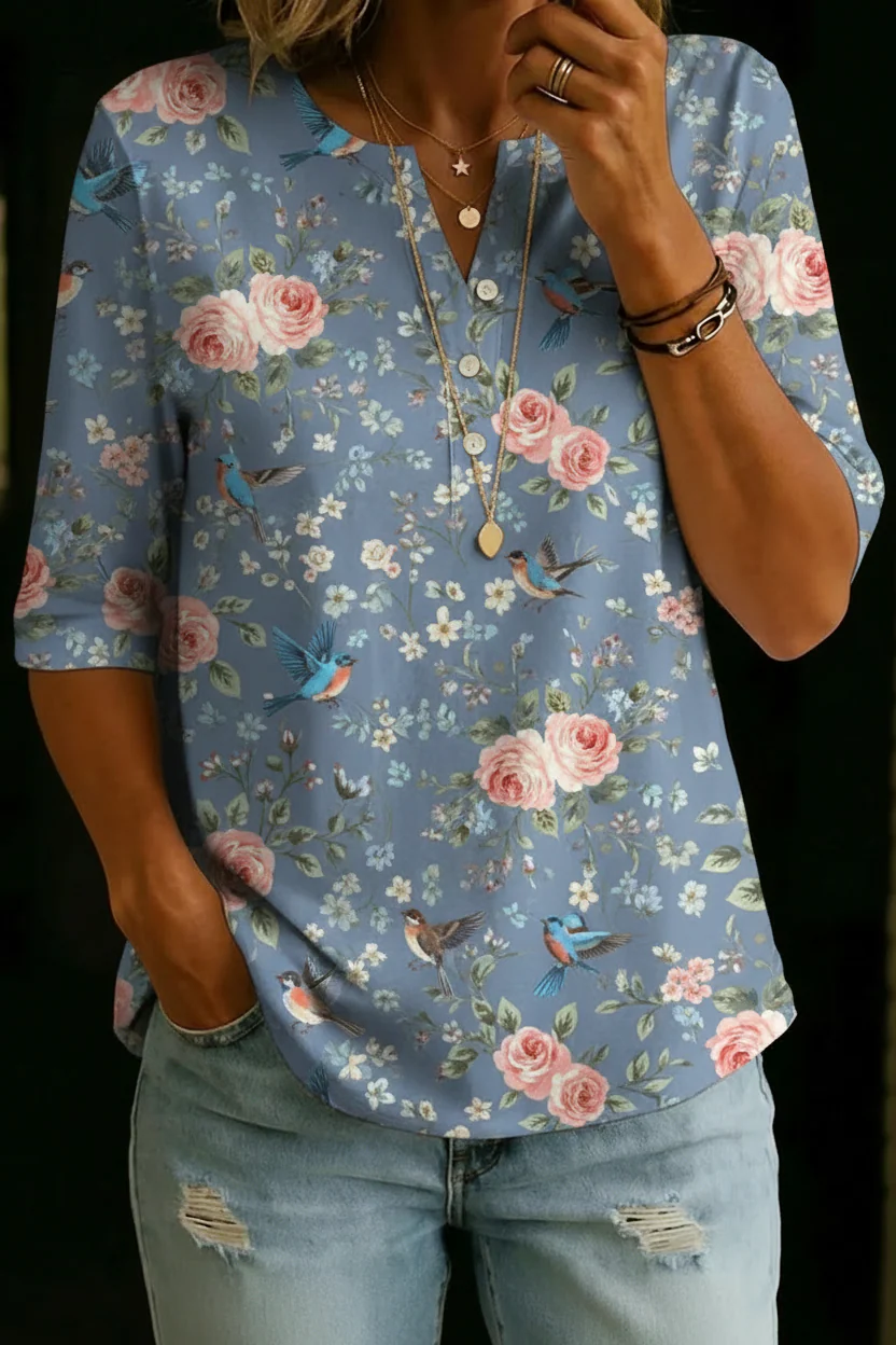 Aurora | Top Henley Floral Vintage Suave