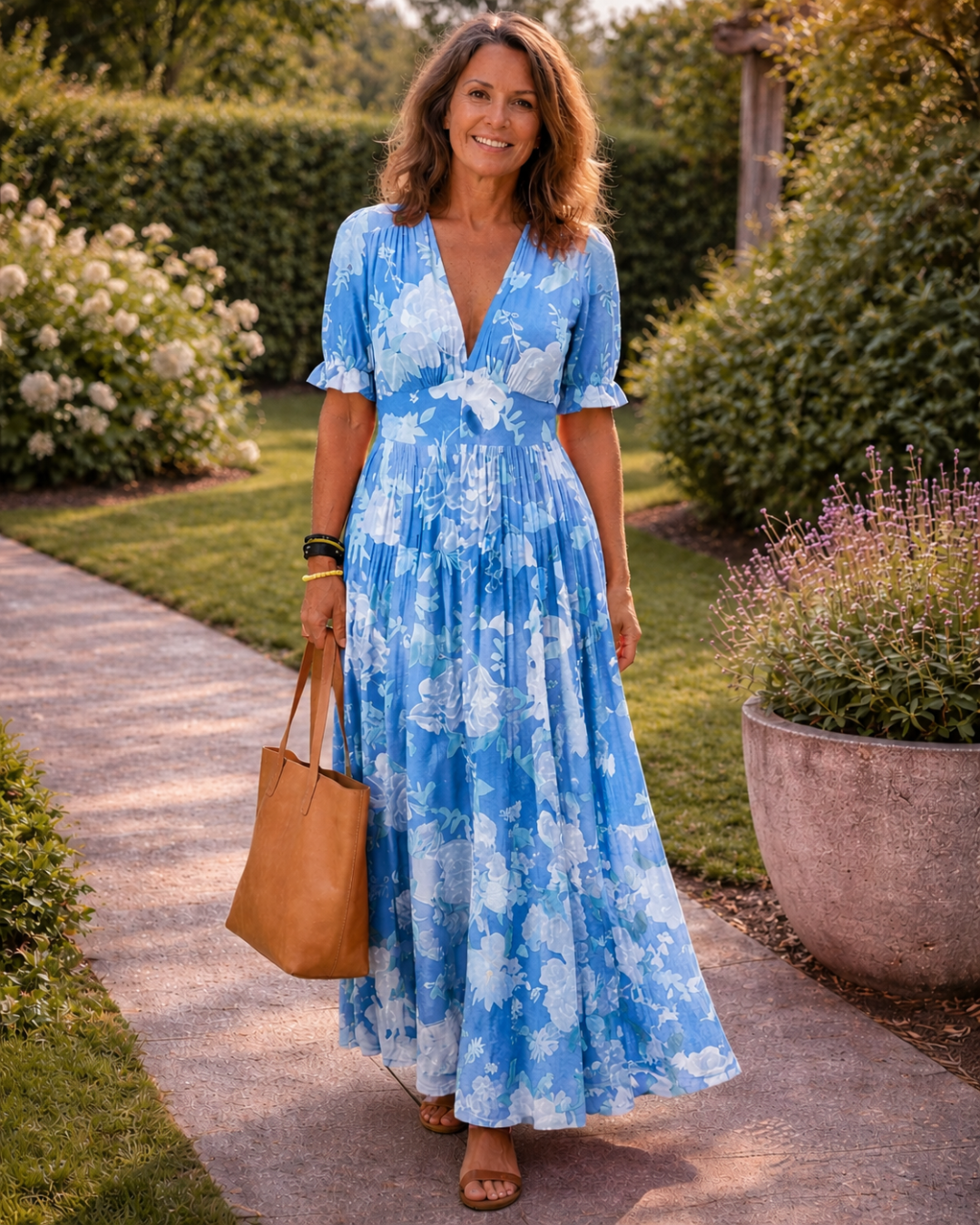 Ione | Vestido Midi Floral Cuello de Pico y Manga Corta